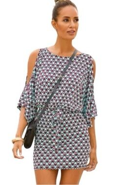 Lascana Cold Shoulder Mini Dress Geometric Turquoise/Burgundy‎ Print Belted Sz 8